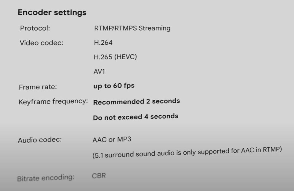YouTube's updated recommended stream settings.