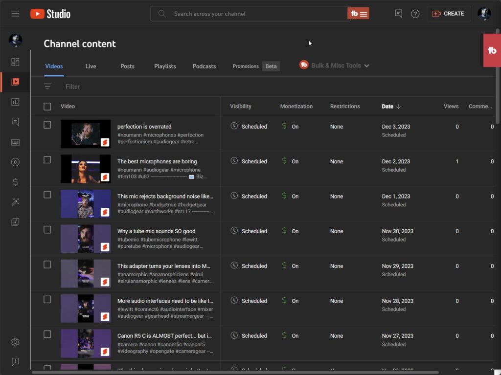 YouTube Studio dashboard without Shorts separated to new tab