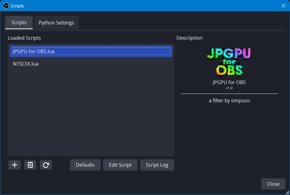 Screenshot showing the Scripts menu in OBS Studio.