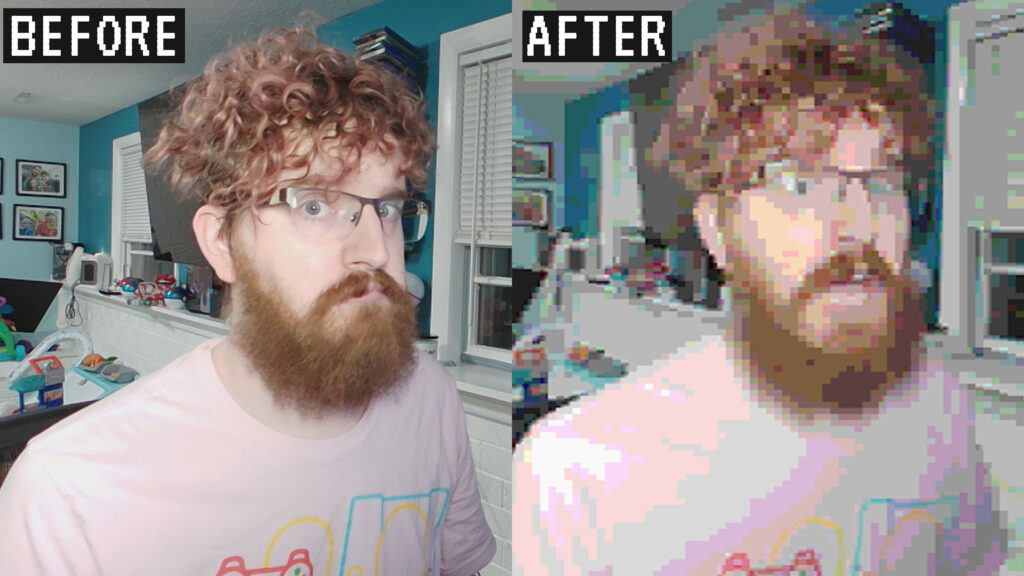 Comparison of before and after NTSCFX being applied. Webcam: AVerMedia PW513, lit by Elgato Key Light Air (with overhead lights on)