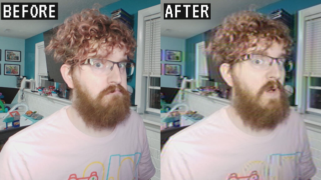 Comparison of before and after NTSCFX being applied. Webcam: AVerMedia PW513, lit by Elgato Key Light Air (with overhead lights on)